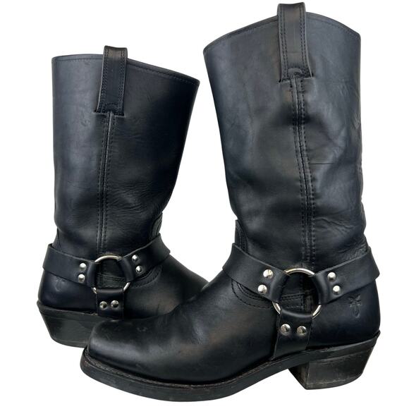 Frye Harness Black Leather Moto Mid-Calf Block Heel Square Toe Boots (Sz 10) - Picture 2 of 14